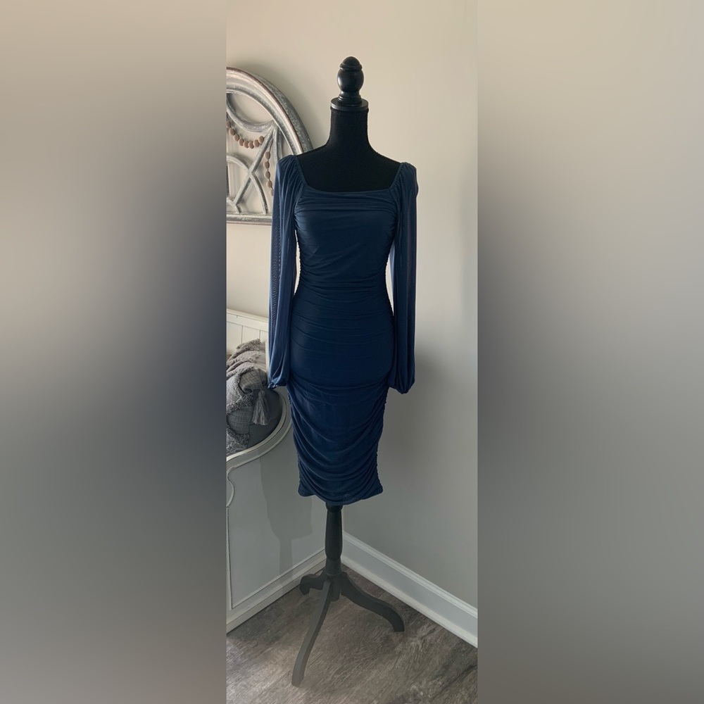 ZESICA Women's Puff Sleeve Square Neck Ruched Bodycon Midi Dress- Size S- BNWT - Picture 5 of 8